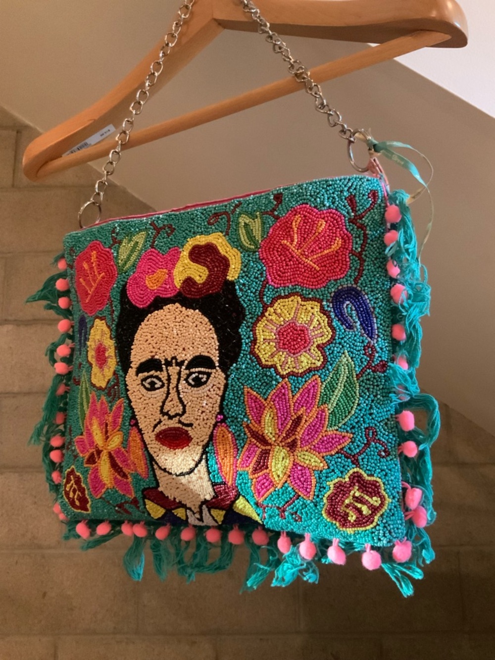 Beaded Frida Kahlo Turquoise Shoulder Bag with Floral Embroidery